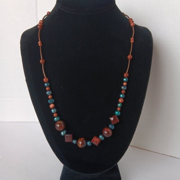 Hand Crafted Beaded Necklace With Blue Baroque Pearls & Brown Stone Beads NWT - Picture 12 of 16